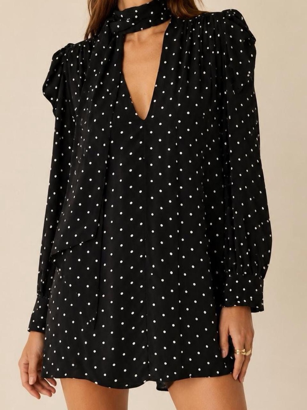 Zara Polka Dot Mini Dress NWT Tie Neck Puff Sleeve Parisian Chic Size Large